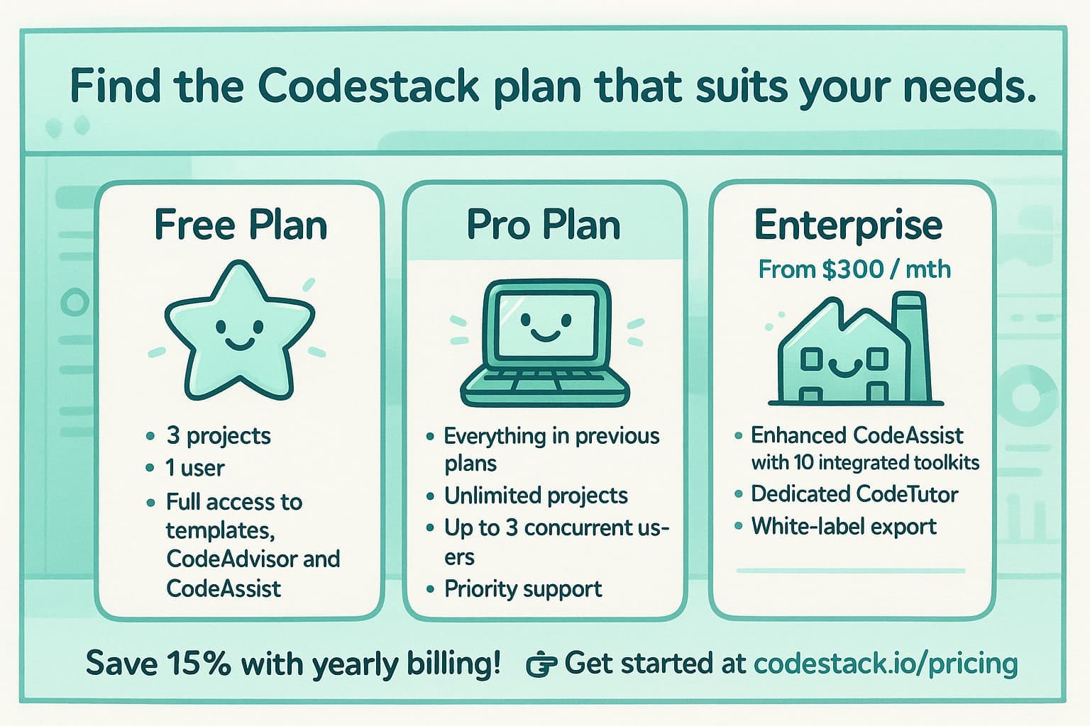 Codestack Pricing Table for a AI Junior Coding Tool