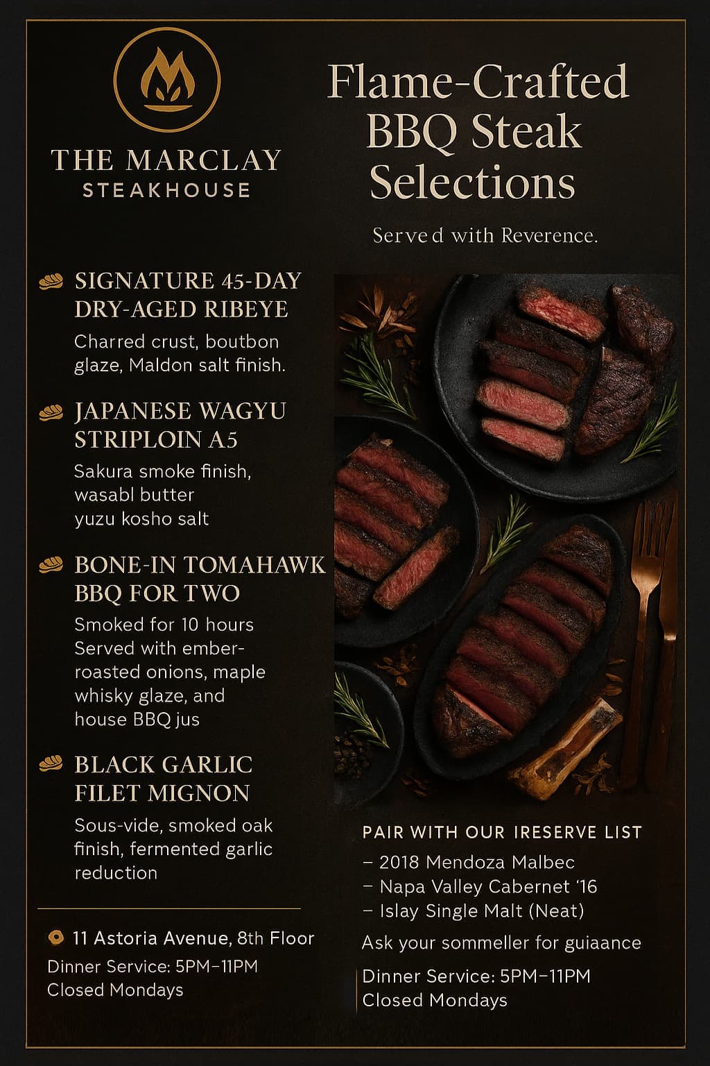 Marclay Steakhouse Steak Menu